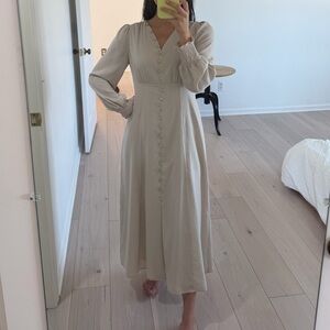 Whimsical Pale Cream Button Long Sleeve Long Dress
